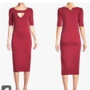 Betsey Johnson Pleated Sleeve Burgundy Dress. NWT FLAW bodycon Midi